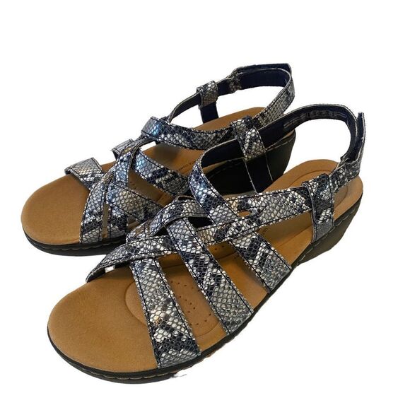 Clarks Collection Ultra Comfort Gray & White Adjustable Velcro Strap Sandals. - Picture 1 of 7